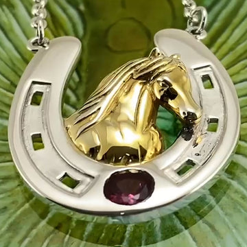 Friesian Horse in Horseshoe Silver and 22K Gold Plate Necklace MNC124